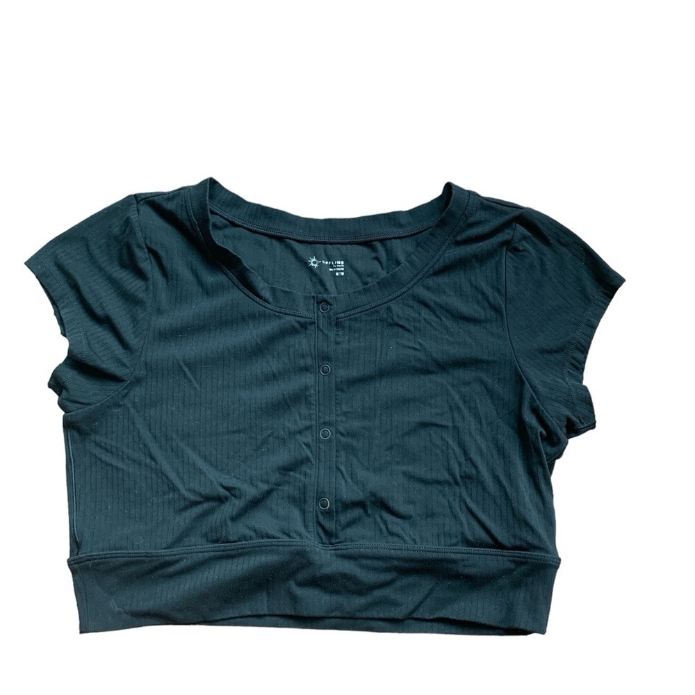 Offline by Aerie Real Me Black Crop Top Snap Henley Tee Medium M